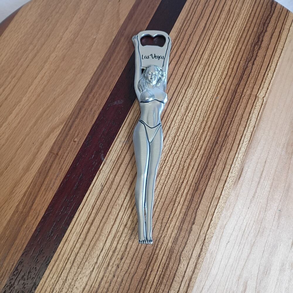 Vintage Pewter Like Metal Las Vegas Bikini, Clad Woman Bottle Opener 8.5” X 2”